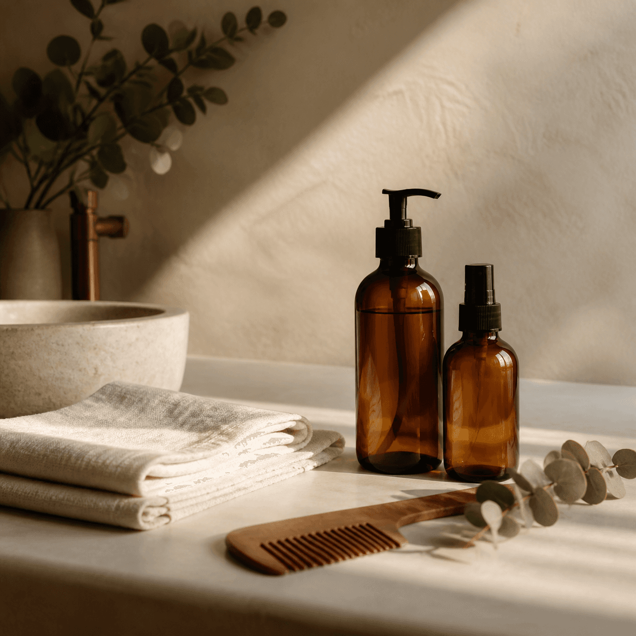 Bancada de produtos e cuidados de beleza
